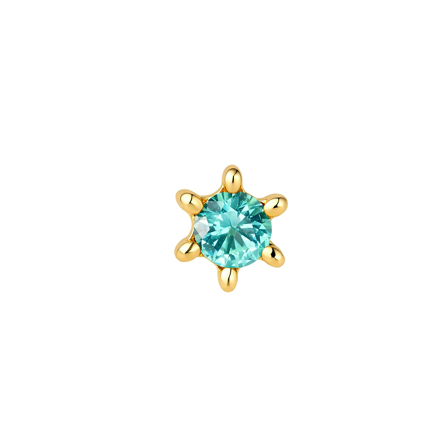 Front view of round, turquoise CZ sun stud with 6 ray-like prongs in PVD gold titanium