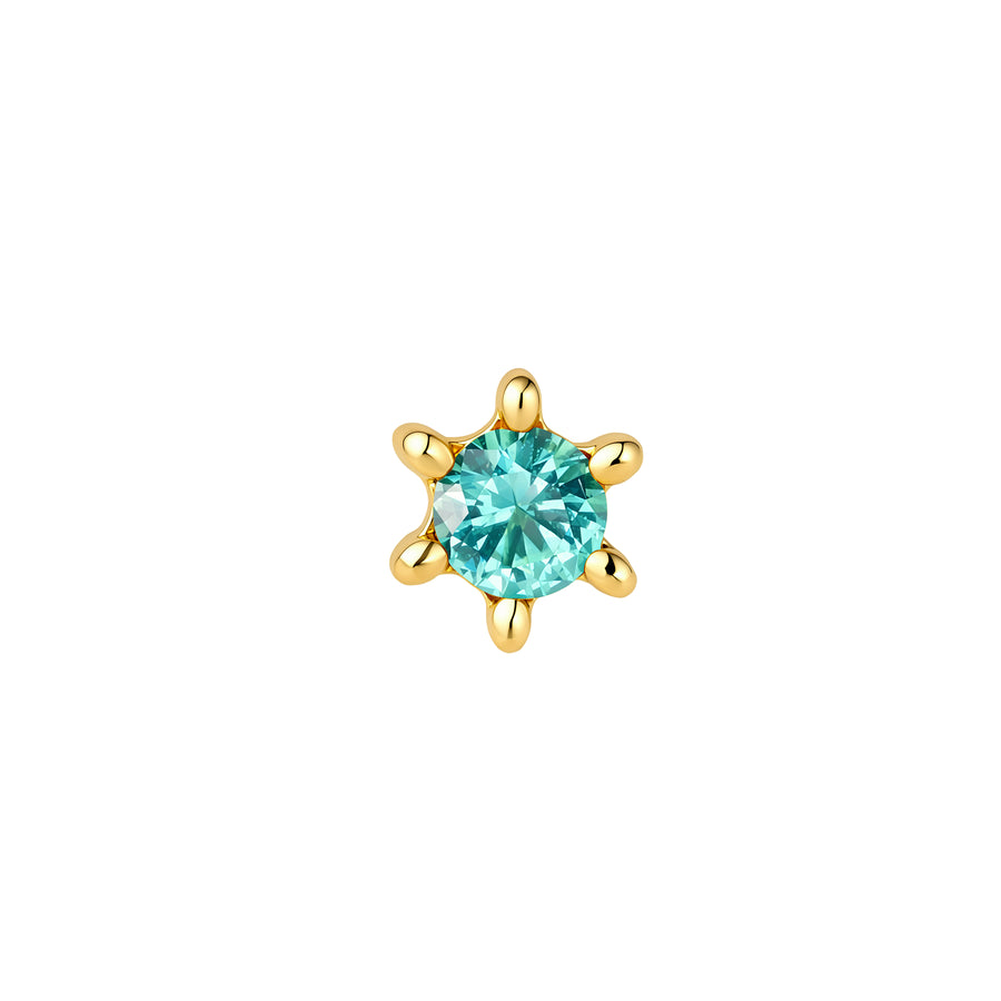 Front view of round, turquoise CZ sun stud with 6 ray-like prongs in PVD gold titanium