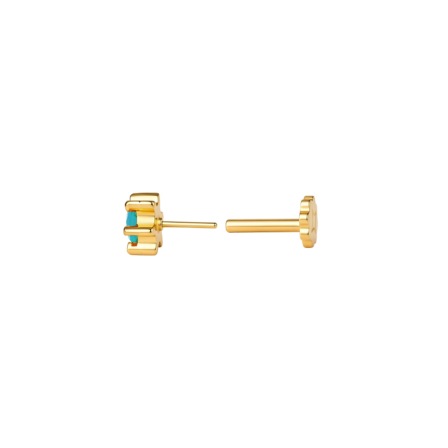 Side view of round, turquoise CZ sun stud with 6 ray-like prongs in PVD gold titanium