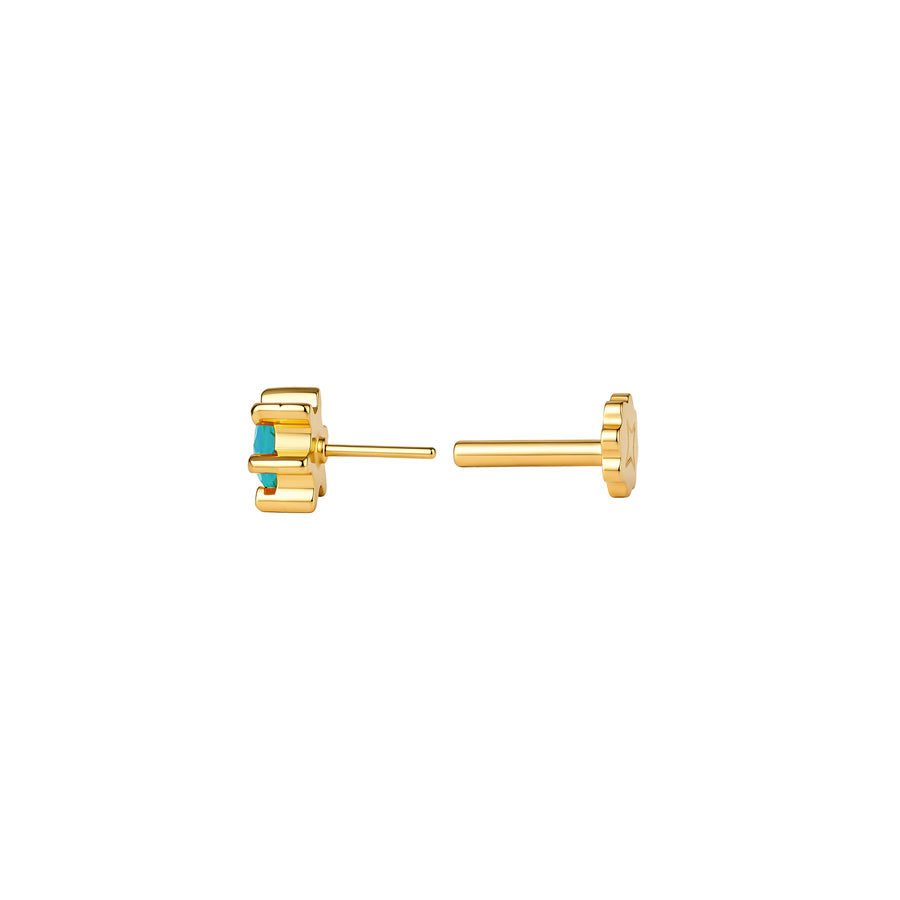 Side view of round, turquoise CZ sun stud with 6 ray-like prongs in PVD gold titanium #gold__wave