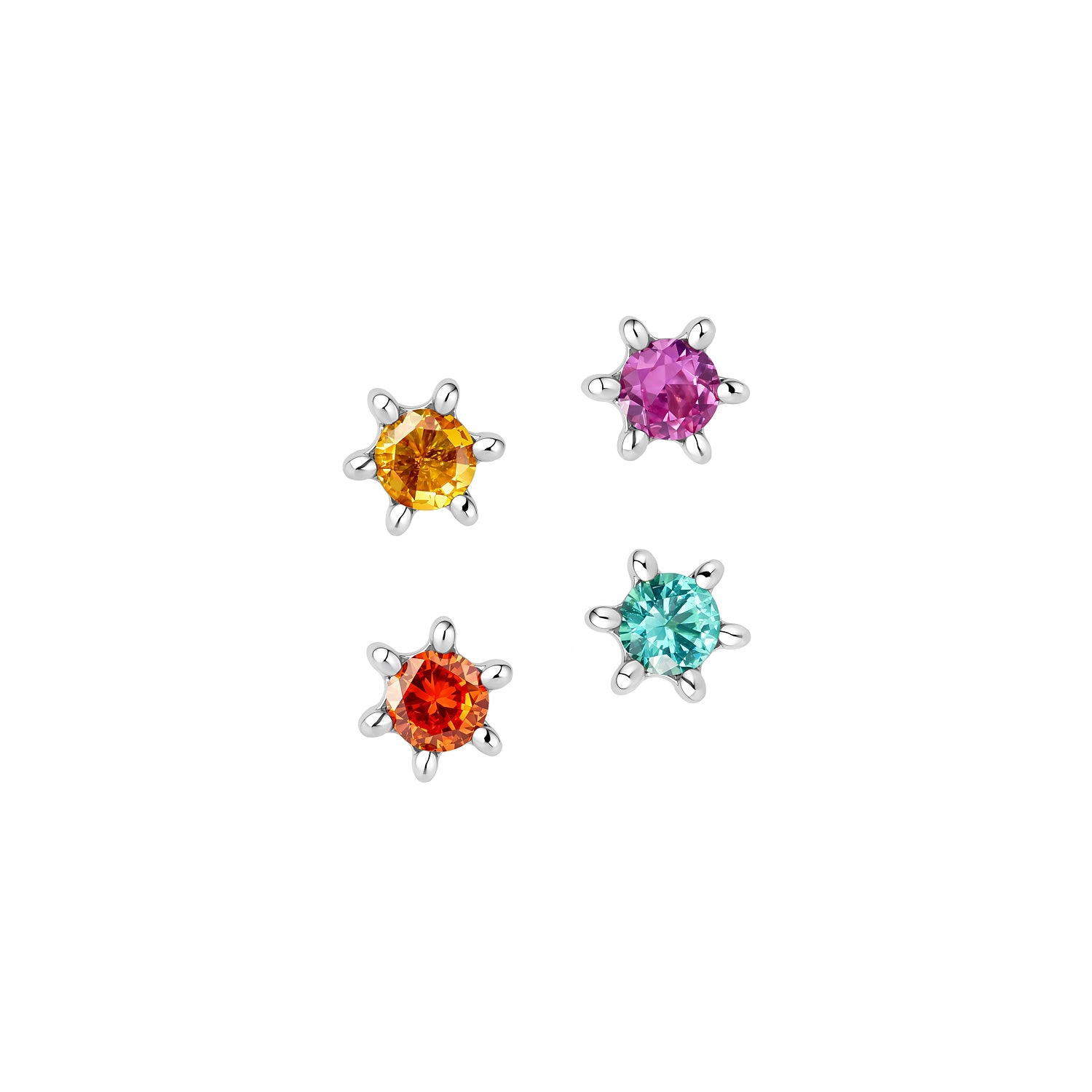 Four titanium sun stud earrings with multicolored gemstones on a white background