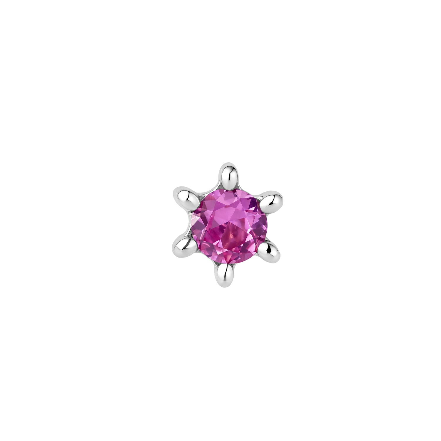 Front view of round, pink CZ sun stud with 6 ray-like prongs in titanium