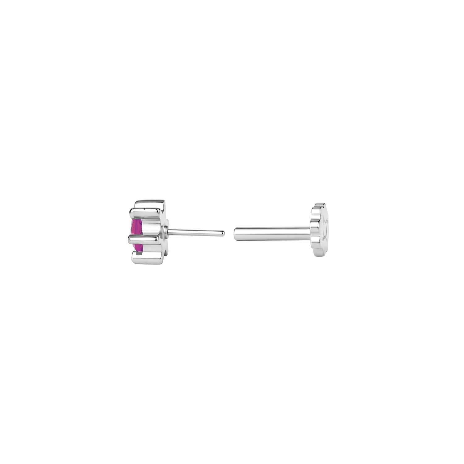 Side view of round, pink CZ gem stud with 6 ray-like prongs in titanium
