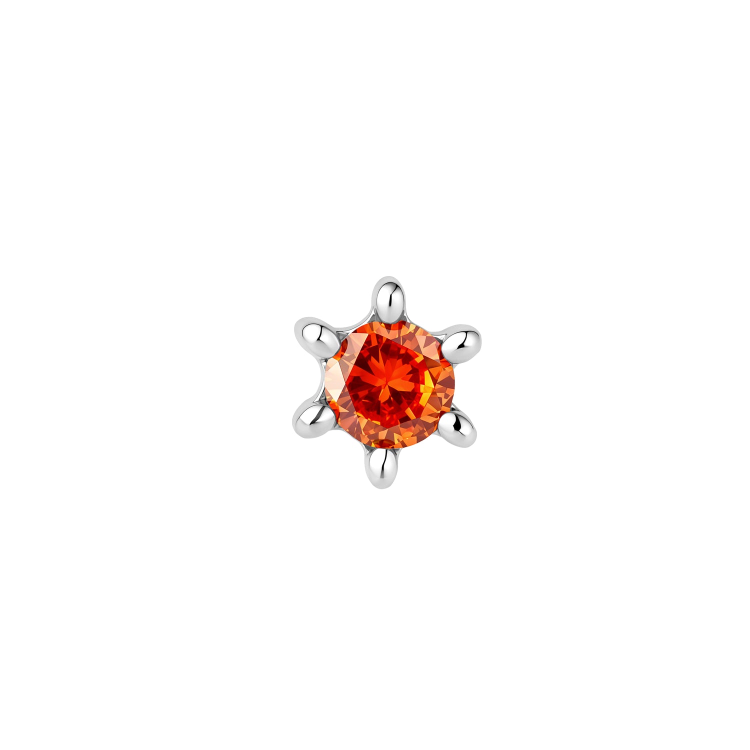 Front view of round, orange CZ sun stud with 6 ray-like prongs in titanium