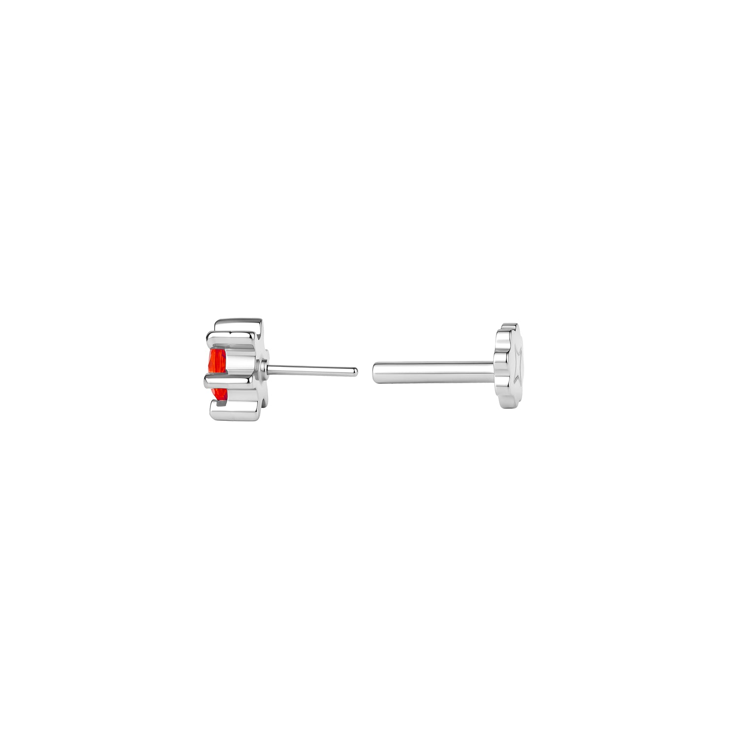 Side view of round, orange CZ sun stud with 6 ray-like prongs in titanium