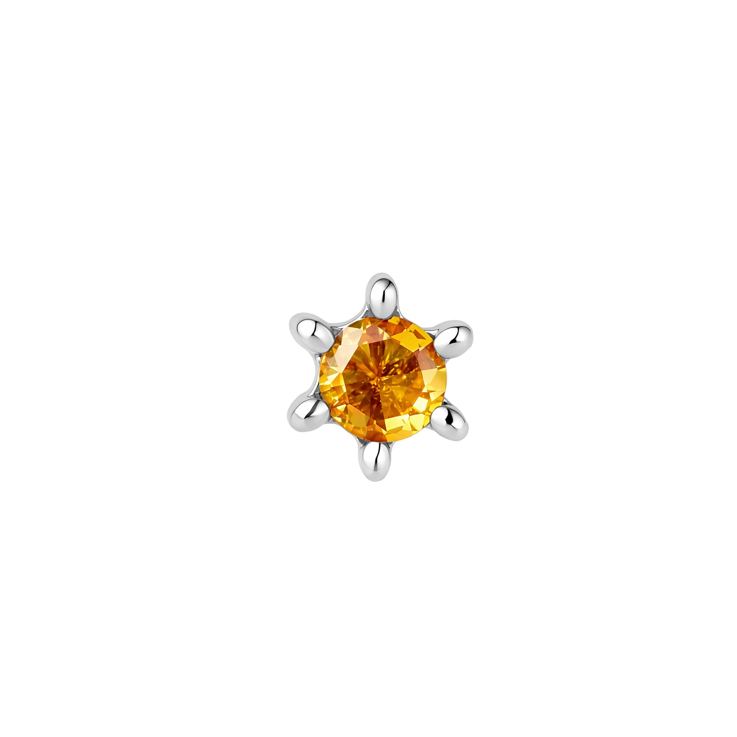 Front view of round, yellow CZ sun stud with 6 ray-like prongs in titanium