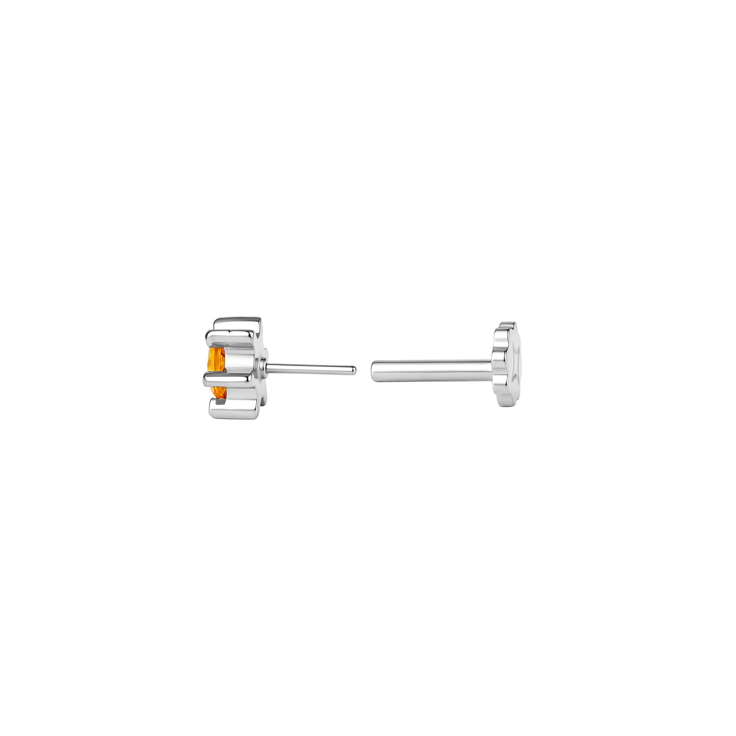 Side view of round, orange CZ sun stud with 6 ray-like prongs in titanium