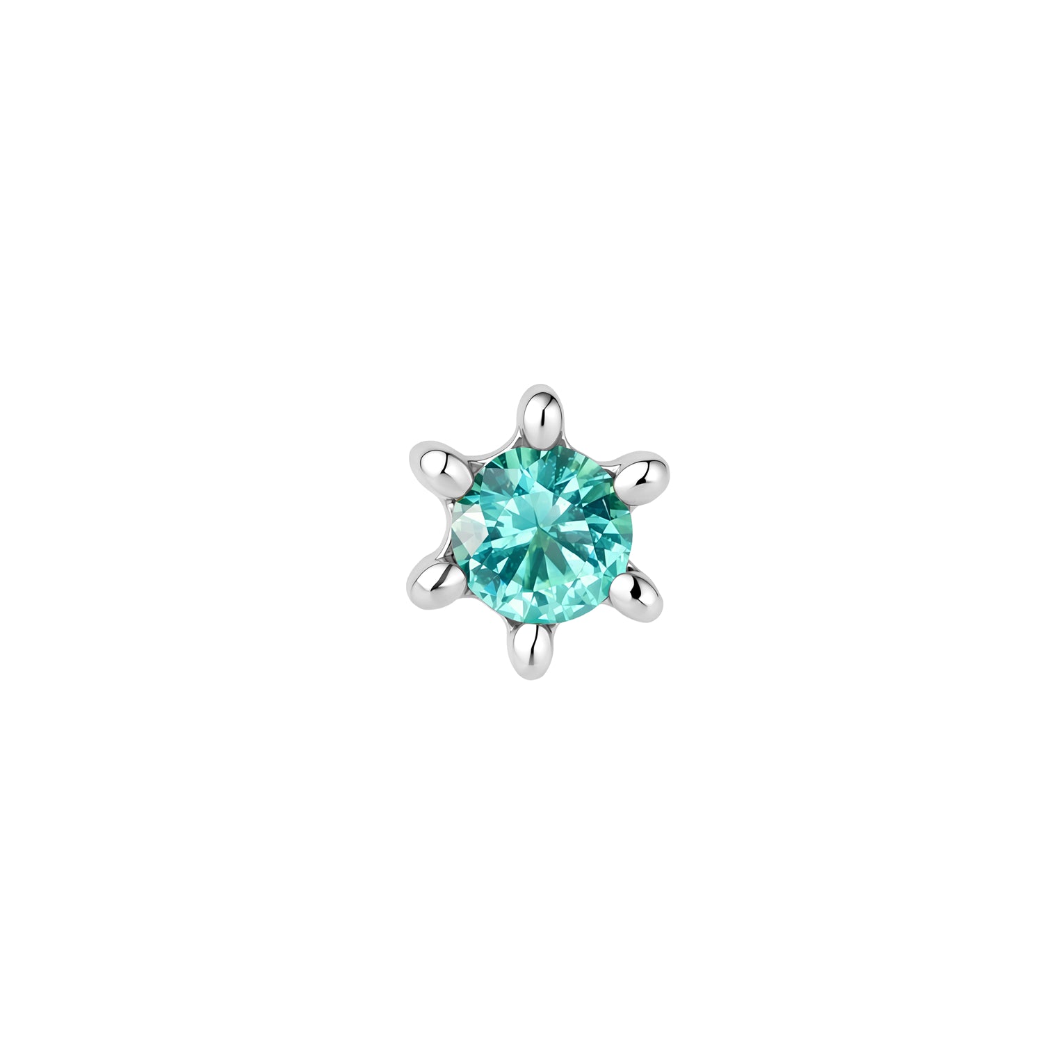 Front view of round, turquoise CZ sun stud with 6 ray-like prongs in titanium