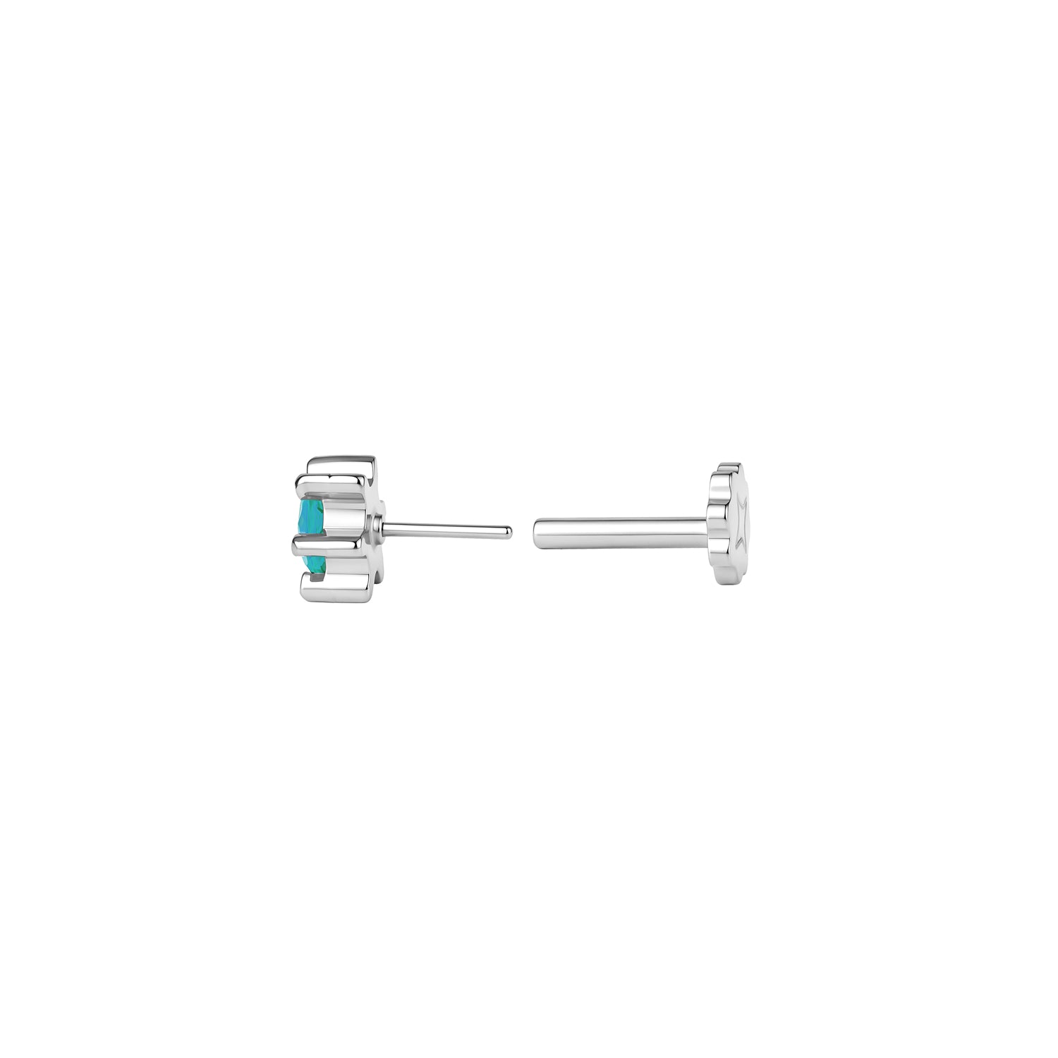 Side view of round, turquoise CZ sun stud with 6 ray-like prongs in titanium