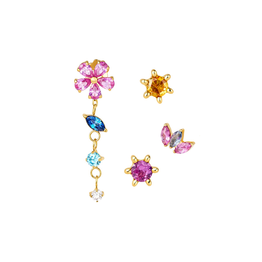 4 PVD gold titanium flat back earrings with colorful gemstones on white background #gold