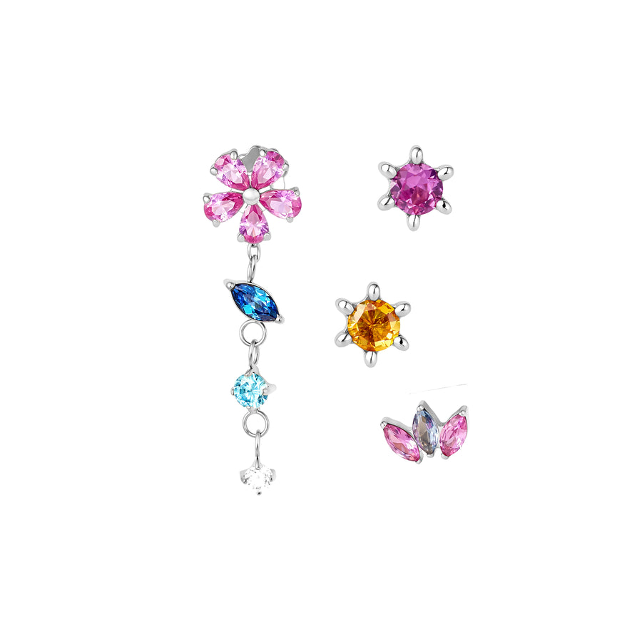 4 titanium flat back earrings with colorful gemstones on white background