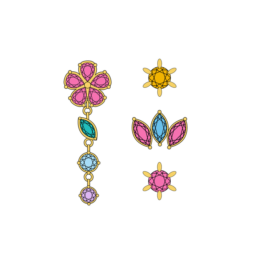 Four PVD gold titanium earrings on white background. 
Left: pink flower stud with a removable dangle that has a turquoise marquise, round blue, and round purple gemstones
Top right: yellow stud with sun-ray-like prongs
Middle right: stud with three pink and blue marquise gemstones
Bottom right: pink stud with sun-ray-like prongs