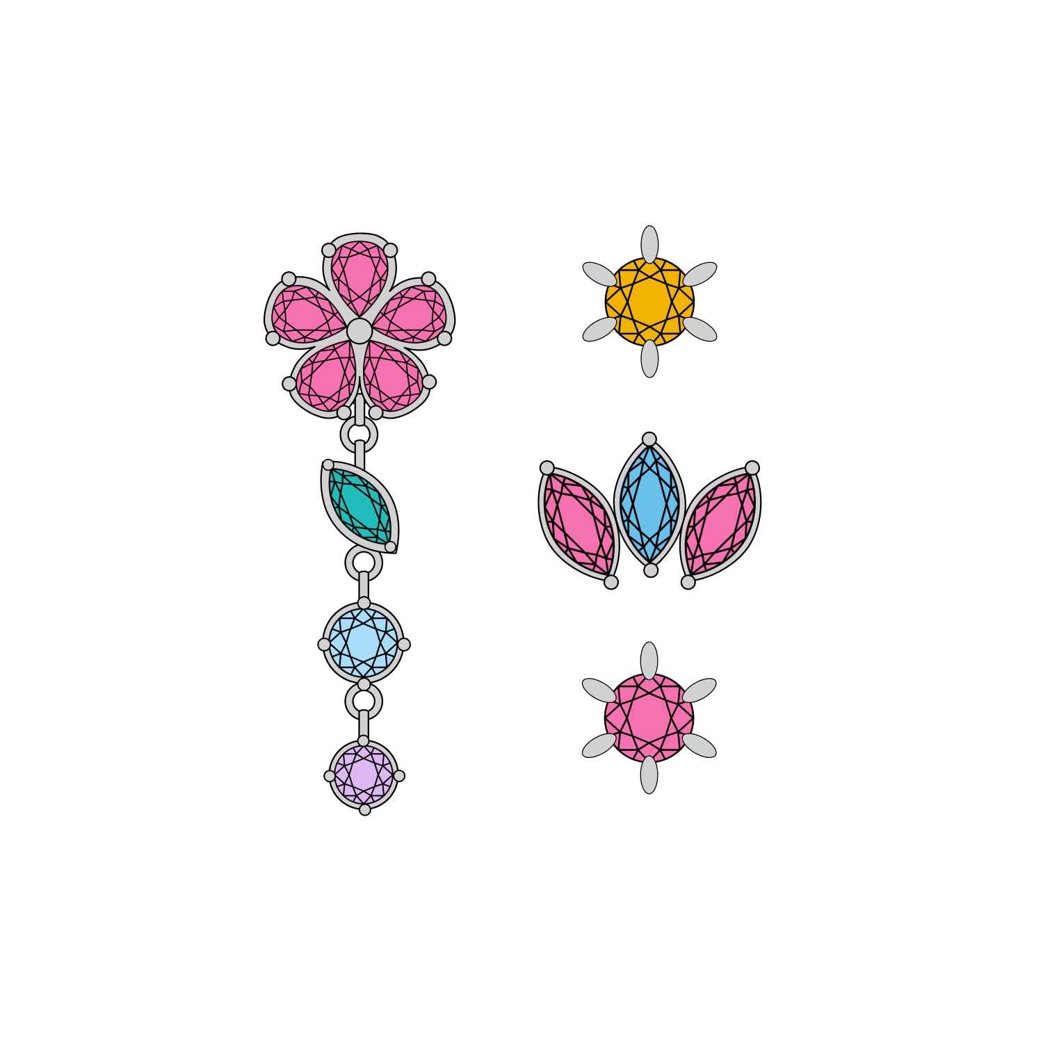Four titanium earrings on white background. 
Left: pink flower stud with a removable dangle that has a turquoise marquise, round blue, and round purple gemstones
Top right: yellow stud with sun-ray-like prongs
Middle right: stud with three pink and blue marquise gemstones
Bottom right: pink stud with sun-ray-like prongs