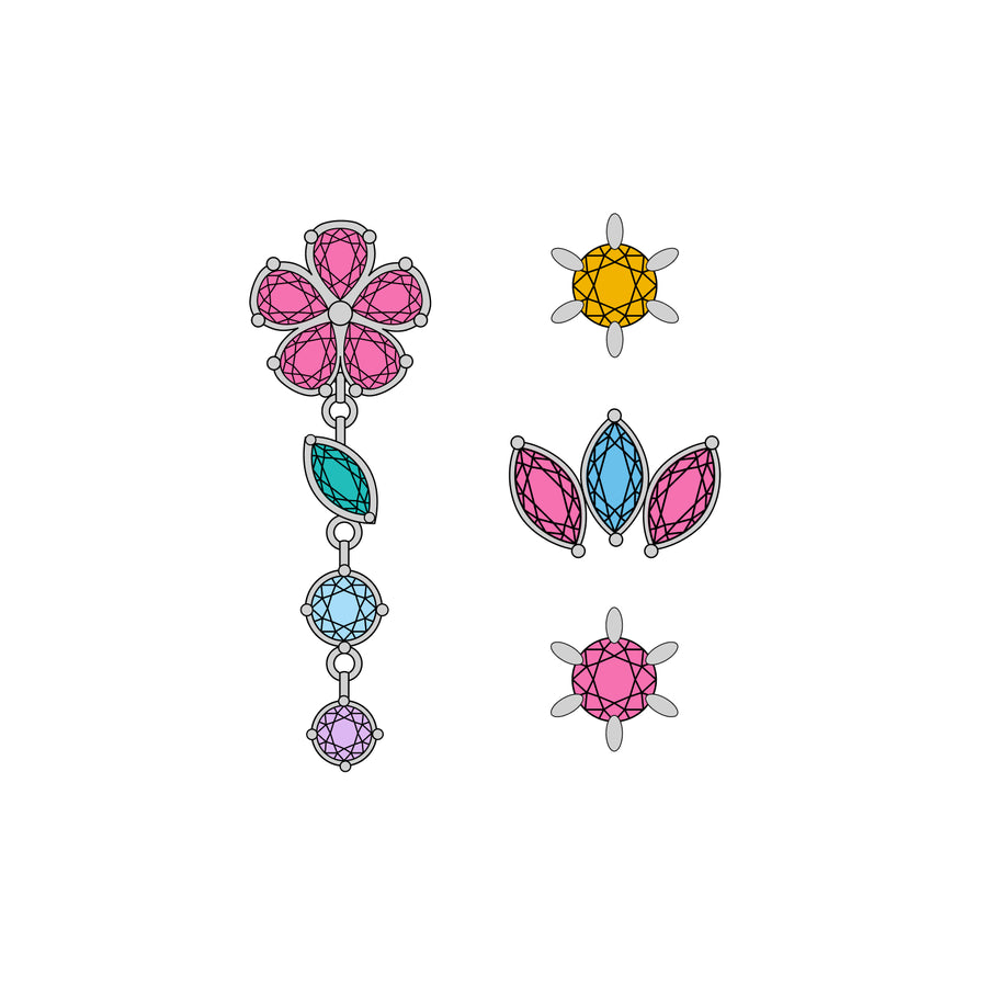 Four titanium earrings on white background. 
Left: pink flower stud with a removable dangle that has a turquoise marquise, round blue, and round purple gemstones
Top right: yellow stud with sun-ray-like prongs
Middle right: stud with three pink and blue marquise gemstones
Bottom right: pink stud with sun-ray-like prongs
